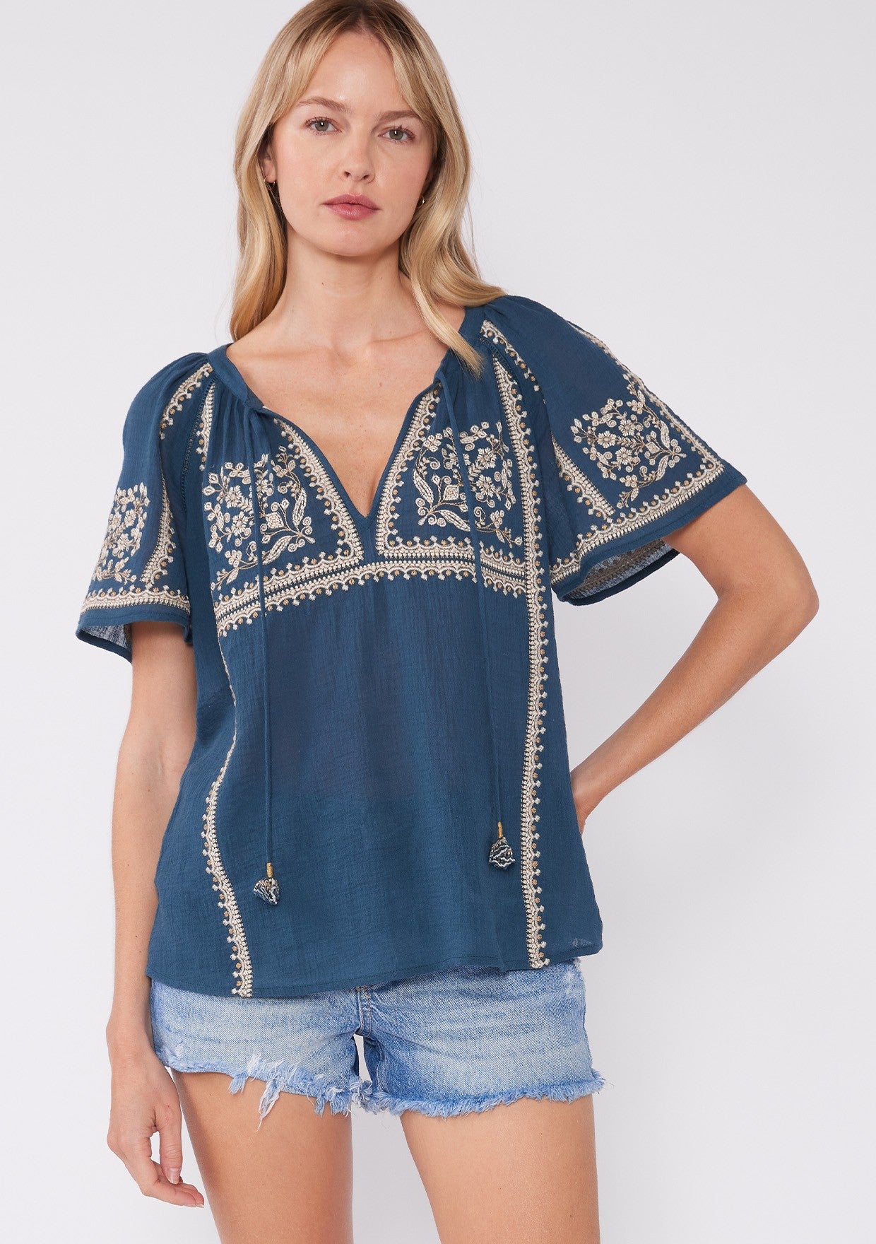 Ema Embroidered Split Neck Top