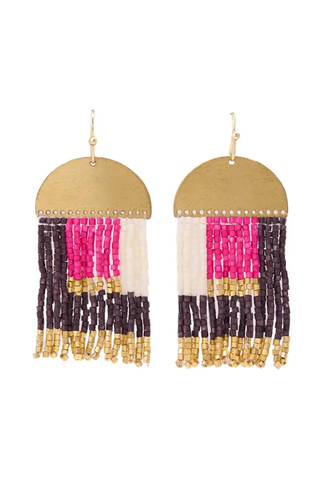 Birdie Geometric Beaded Fringe Earrings - Pink, Brown, Ivory + Gold