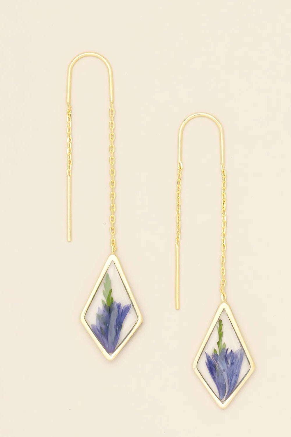 Pressed Flower Thread Earrings - Purple Cornflower/Gold