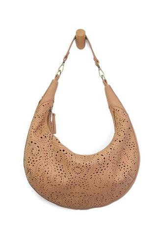 Laser Cut Eyelet Rhea Slouchy Crescent Bag - Tan