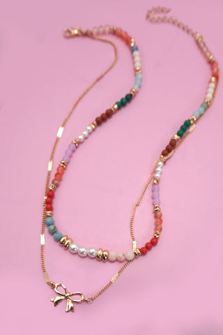 Beaded Double Layer Bow Charm Necklace - Gold