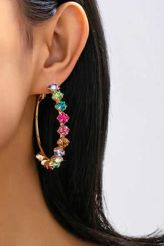 Multicolor Rainbow Crystal Hoop Earrings - Gold