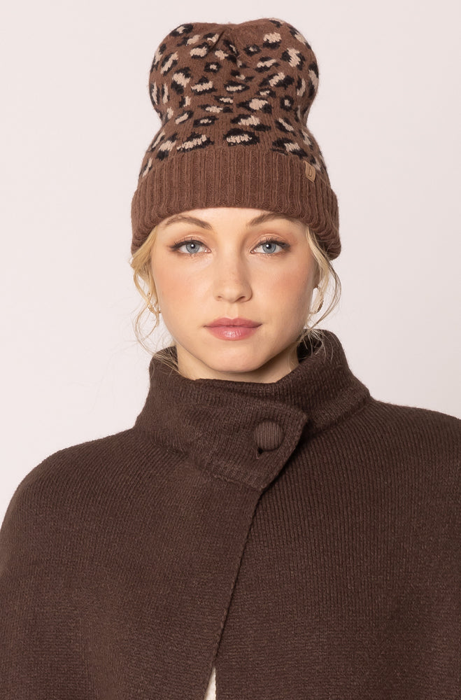 Leopard Beanie with Cuff - Brown