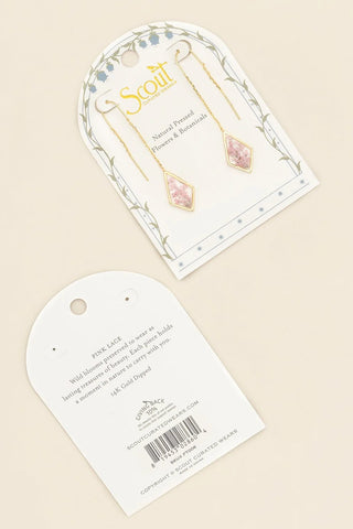 Pressed Flower Thread Earrings - Pink Lace Flower/Gold
