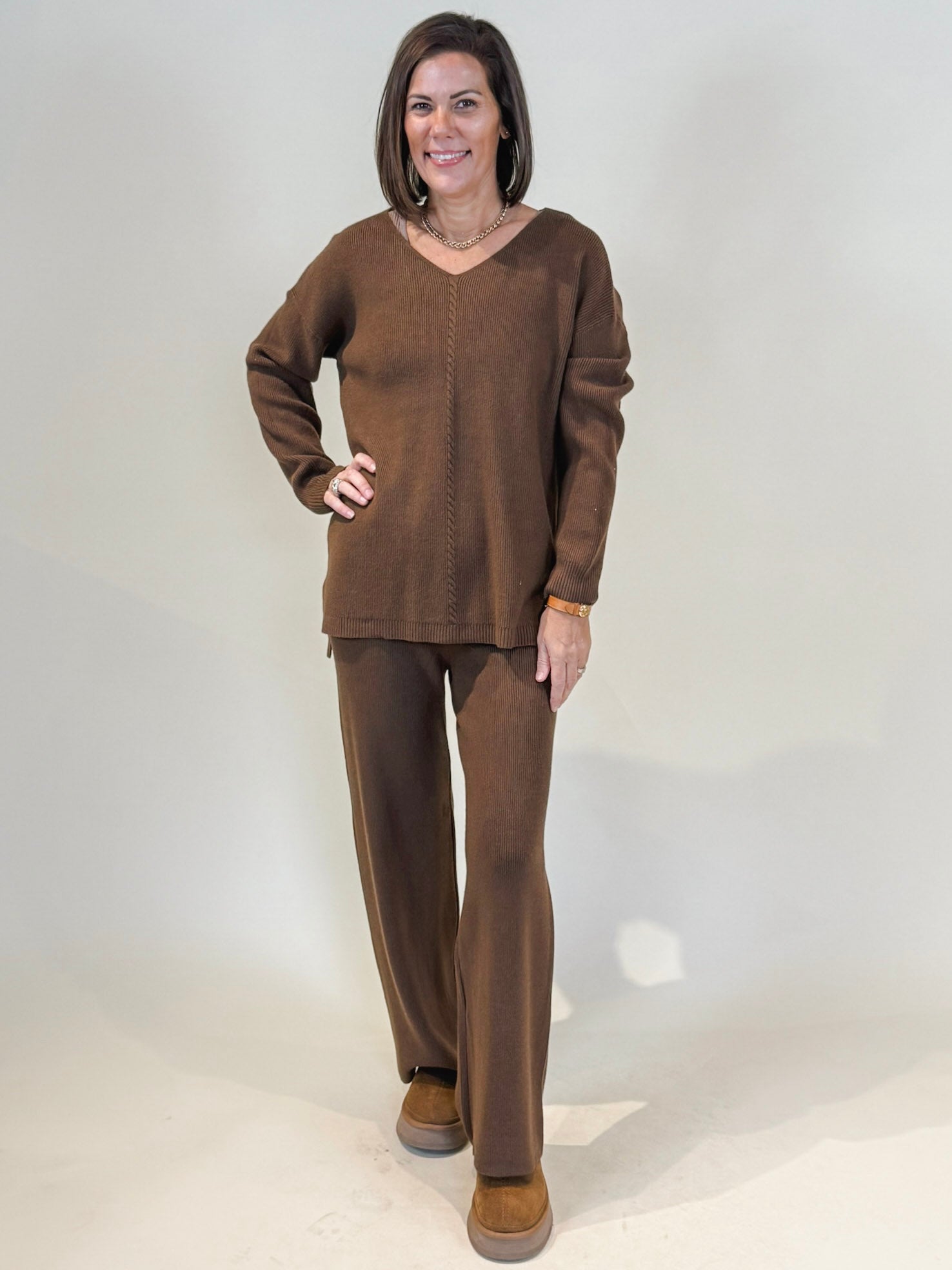 Ellen Earth Tone Wide Leg Ribbed Knit Pants