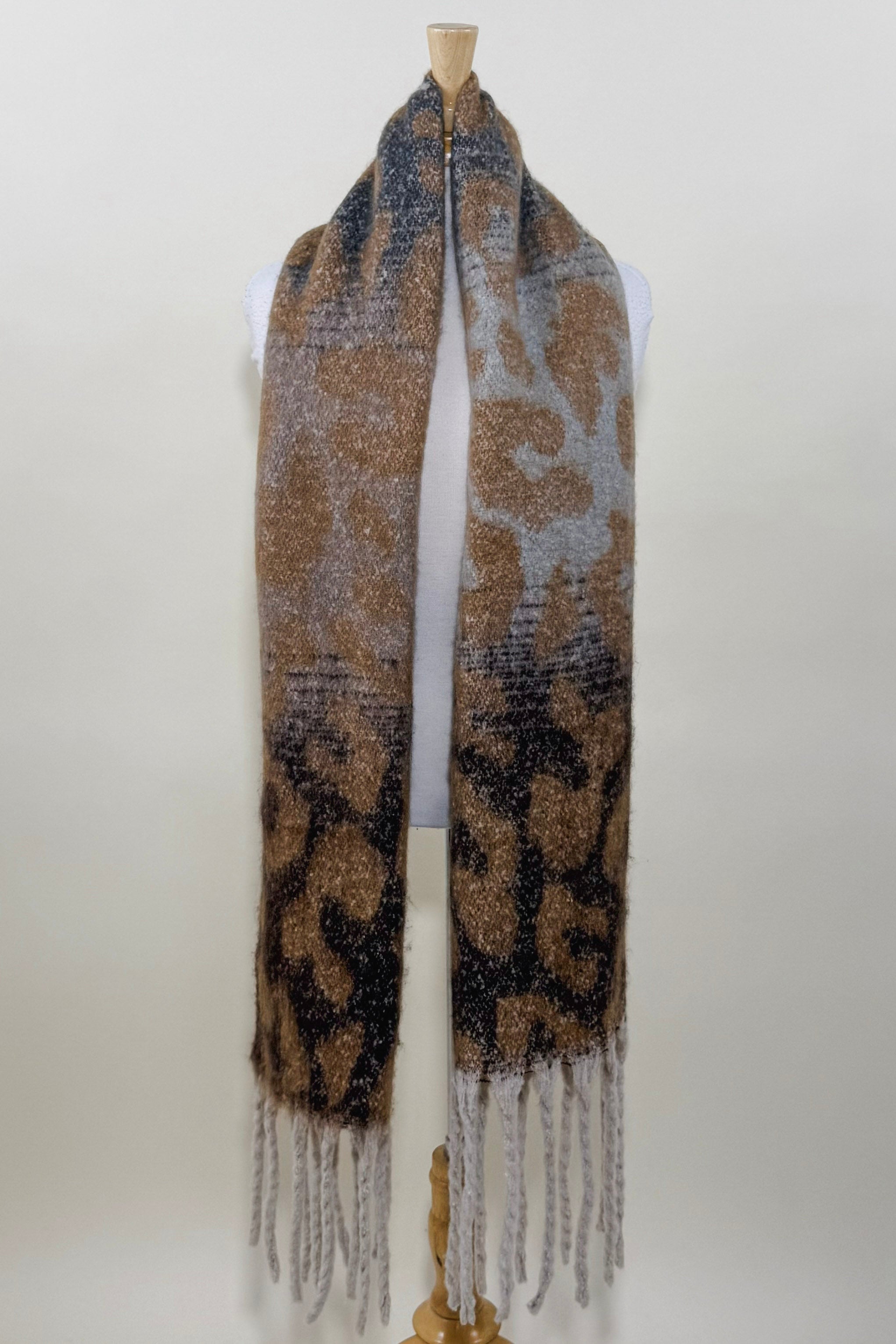 Leopard Print Fringe Scarf Shawl - Camel