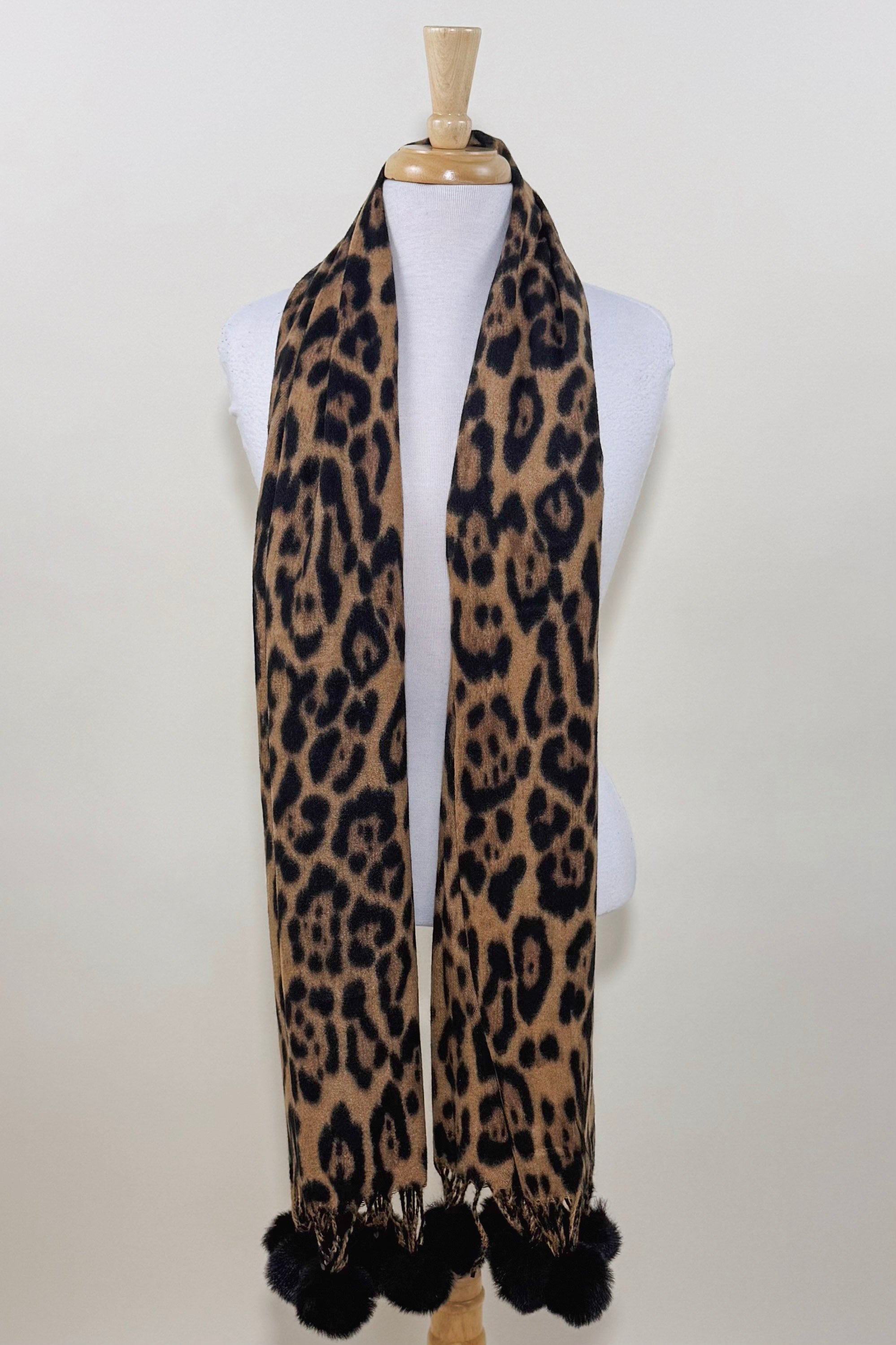 Pom Pom Tassel Trim Leopard Print Scarf - Brown