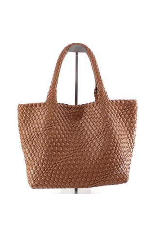 Woven Tote Bag with Cosmetic Pouch - Brown