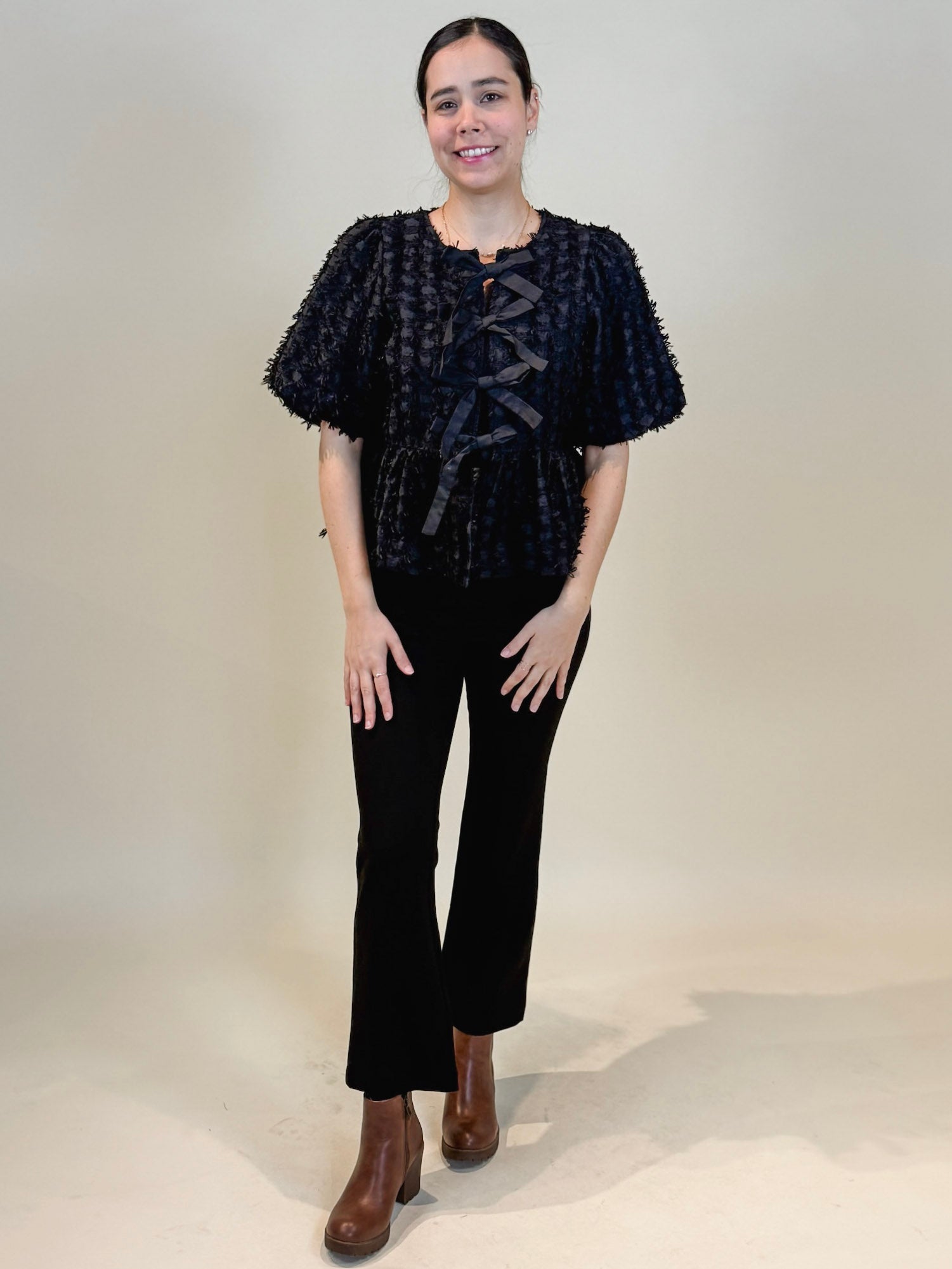 Kai Front Tie Puff Sleeve Fringe Textured Top