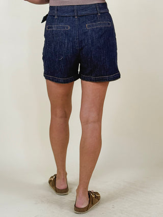 Bianca Belted Pintuck Denim Shorts