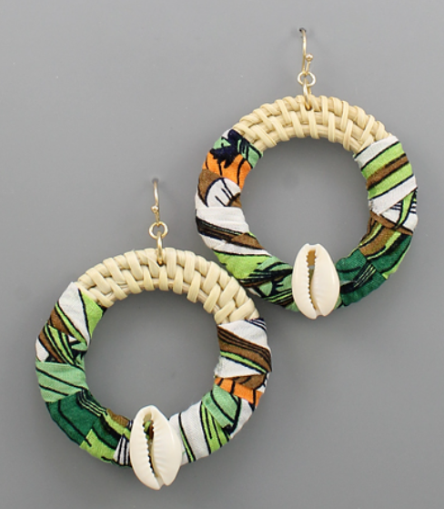 Cowry Shell & Fabric Circle Earrings - Green/Multi