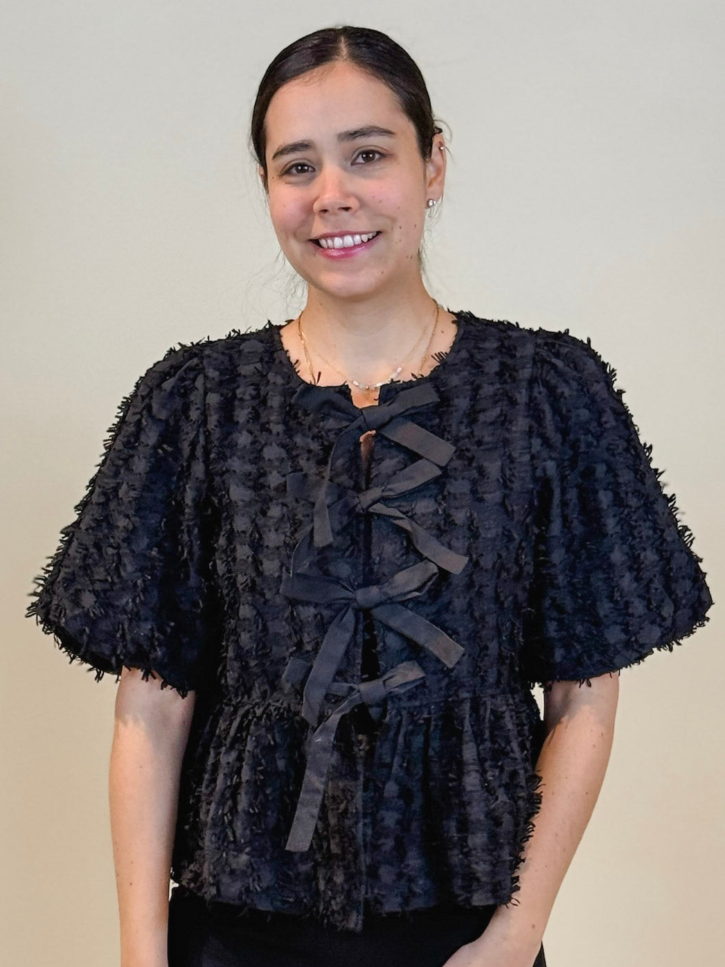 Kai Front Tie Puff Sleeve Fringe Textured Top