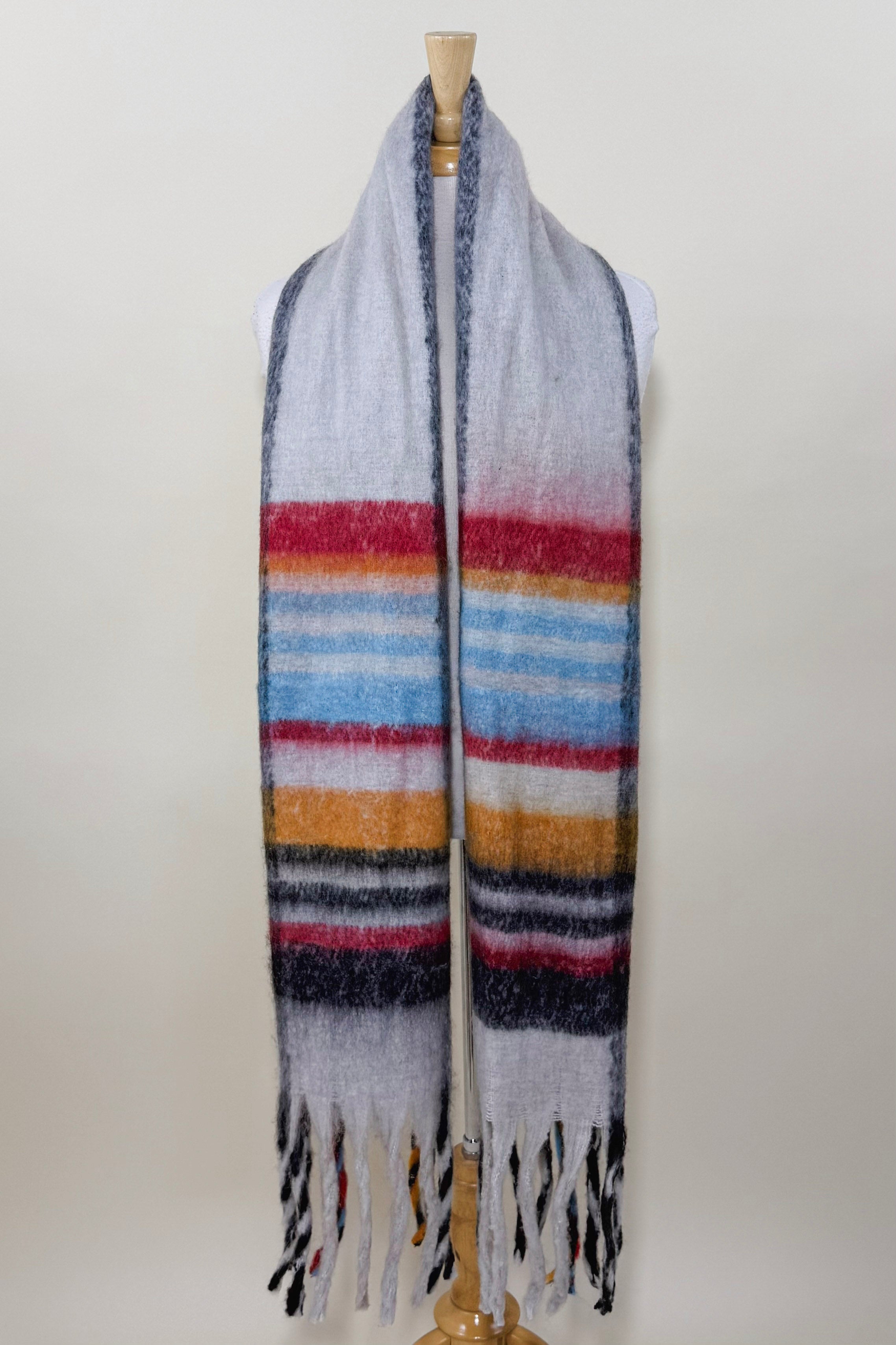 Fringed Fuzzy Striped Winter Scarf