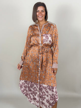 Mira Mixed Print Satin Midi Shirt Dress