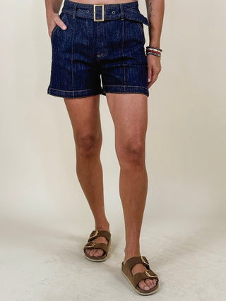 Bianca Belted Pintuck Denim Shorts