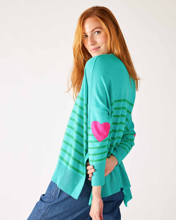Amour Sweater with Heart Patch - Turquoise/Jade Stripe - OS