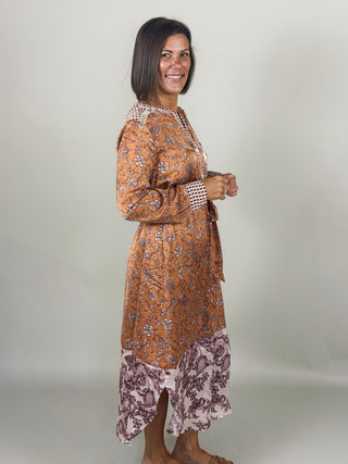 Mira Mixed Print Satin Midi Shirt Dress