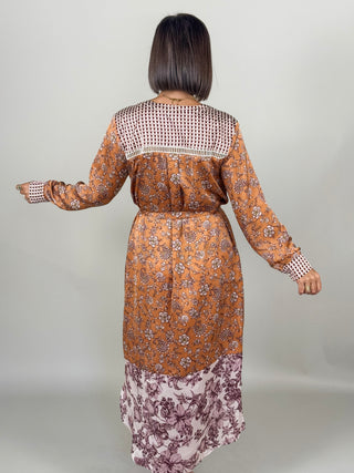 Mira Mixed Print Satin Midi Shirt Dress