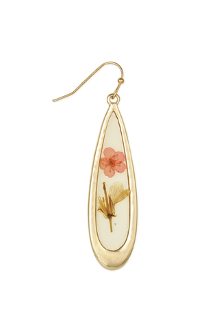 Pink Dried Flower Long Teardrop Gold Earrings