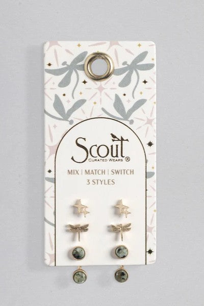 Stud Trio Ear Jacket Set - Dragonfly/African Turquoise/Gold
