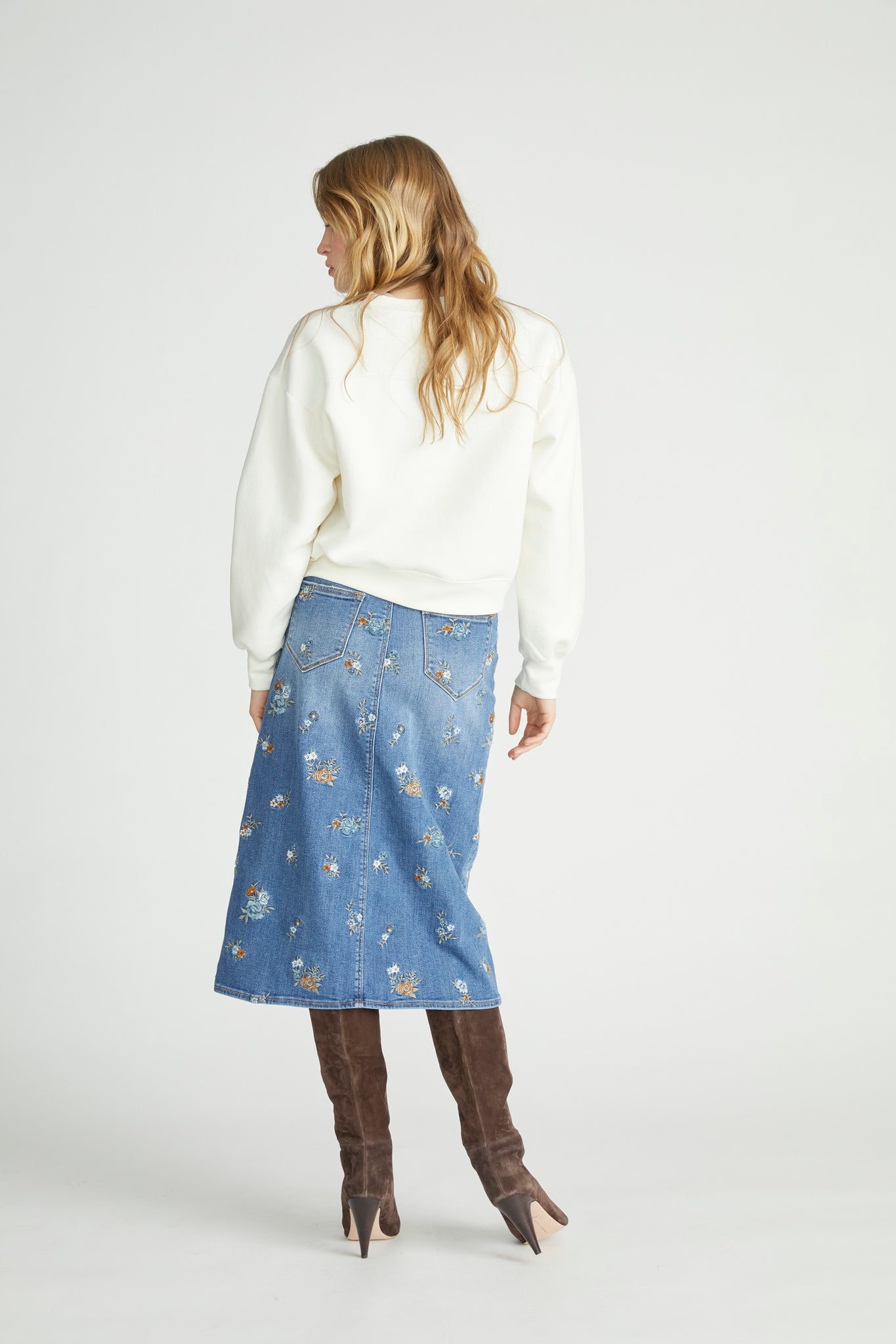 Piper Long Embroidered Denim Skirt