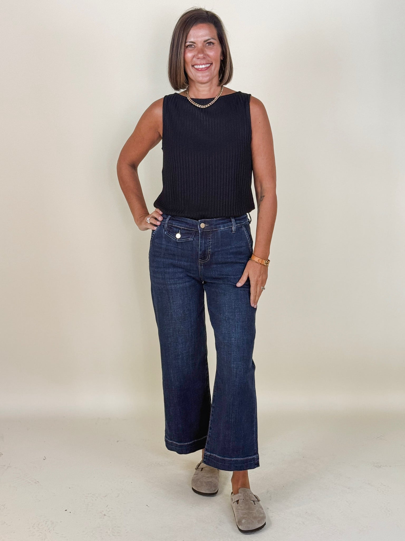 [Liverpool] Stride Wide Leg Jean with Trouser Details, 27” Inseam