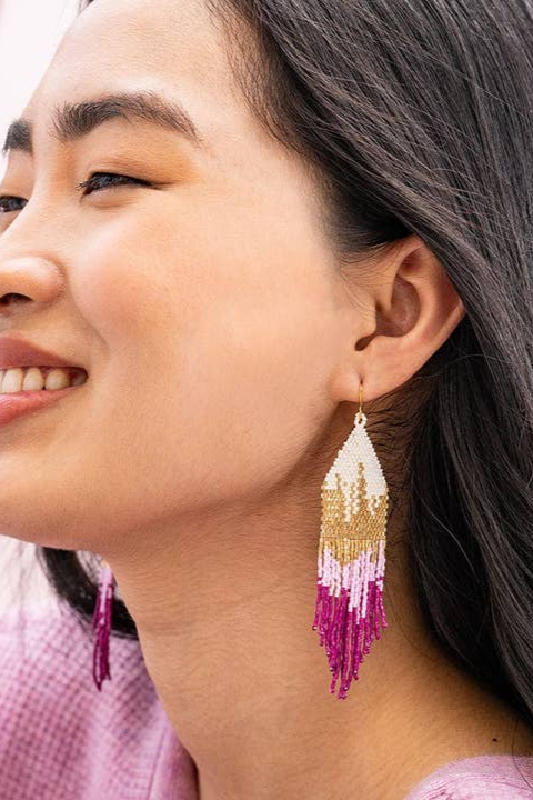 Claire Ombre Beaded Fringe Earrings - Magenta