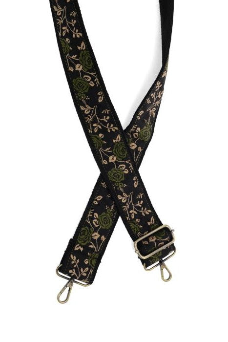 2" Olive Untamed Roses Embroidered Guitar Strap