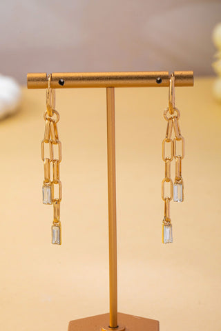 Paperclip Chain Rhinestone Drop Dangle Earrings - Gold