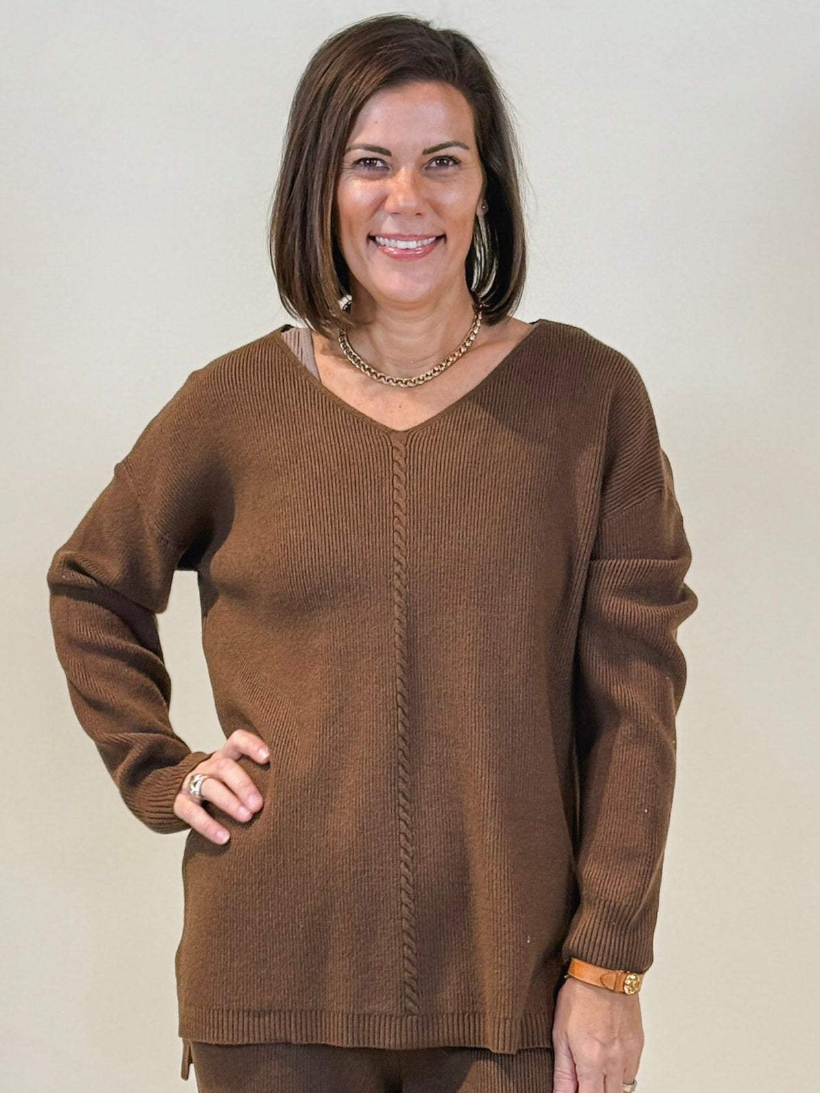 Mary Earth Tone V-Neck Ribbed Hi-Low Sweater