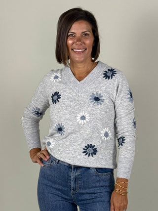 Elle Embroidered V-Neck Sweater