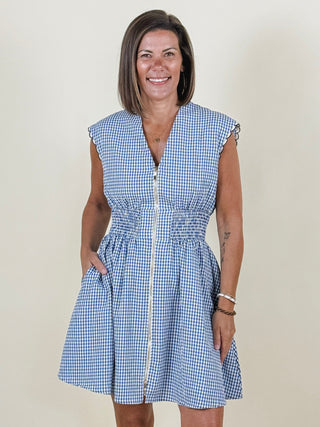 Dorothy Gingham Zip Front Smocked Waist Dress