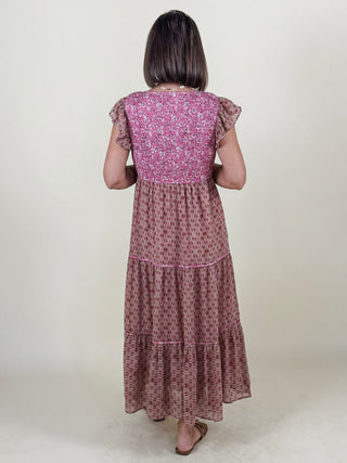 Sophia Mixed Print Flutter Sleeve Dress