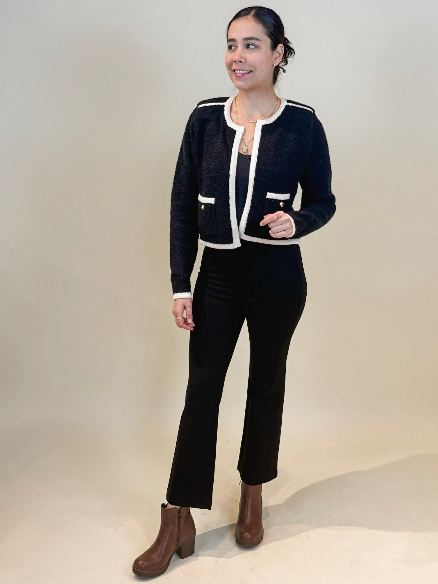 Kallie Contrast Trim Boucle Knit Cardigan