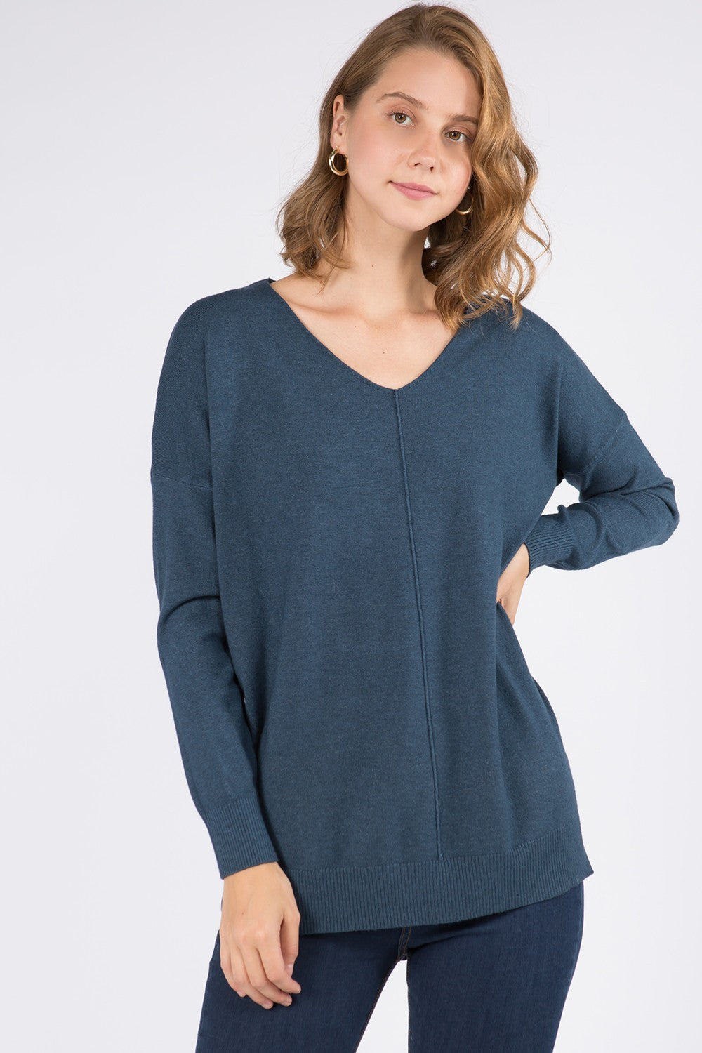 Front Seam V-Neck Sweater, Heather Dark Teal