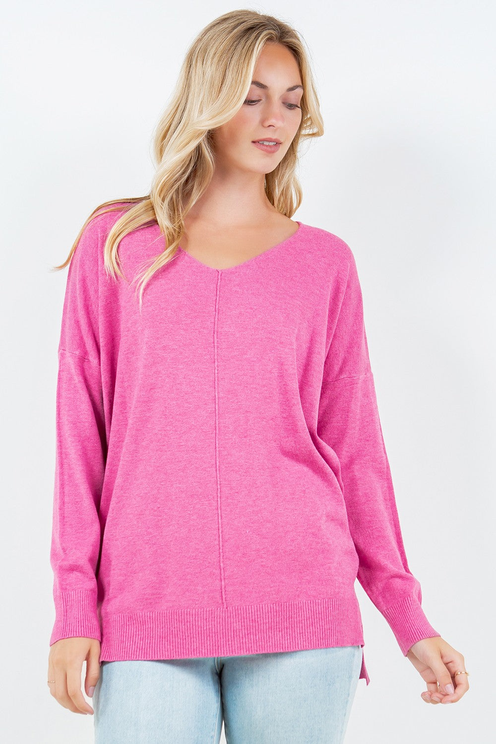 Front Seam V-Neck Sweater, Heather Hot Pink