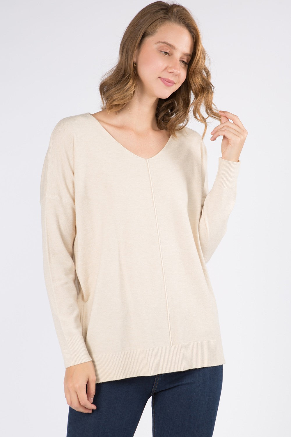 Front Seam V-Neck Sweater, Heather Oatmeal