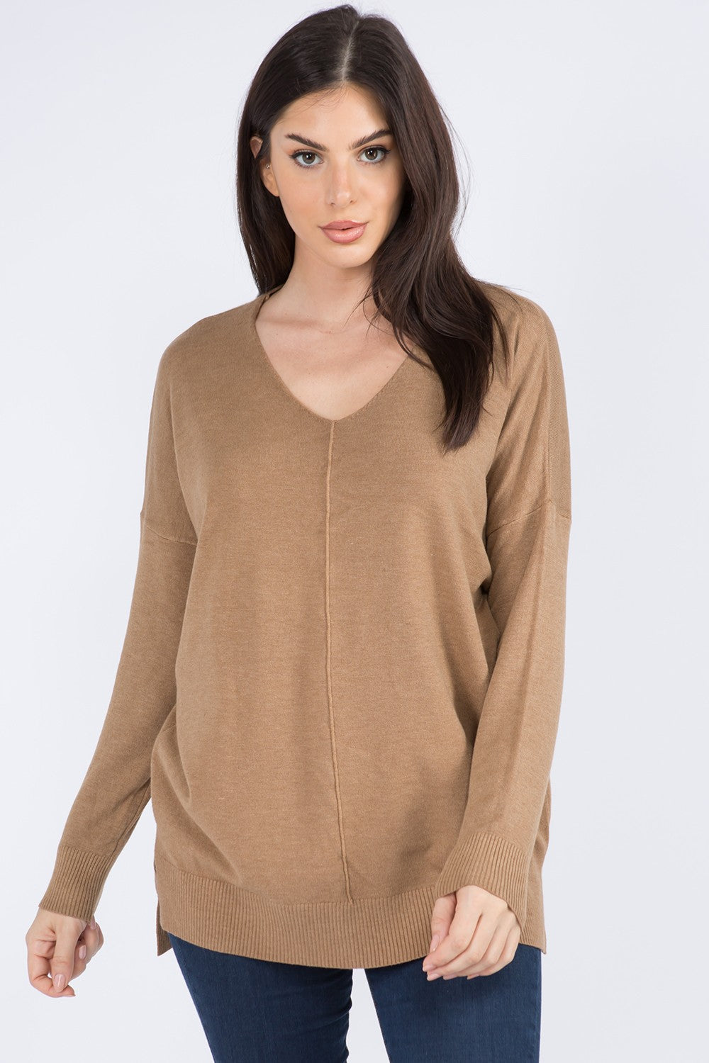 Front Seam V-Neck Sweater, Heather Latte