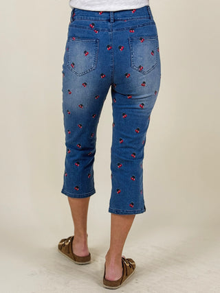 Cherie Cherry Embroidery Denim Capris