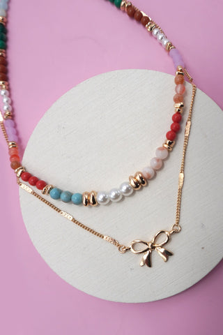 Beaded Double Layer Bow Charm Necklace - Gold