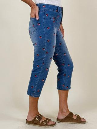 Cherie Cherry Embroidery Denim Capris