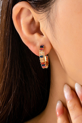 Multicolor Baguette Crystal Hoop Earrings - Gold