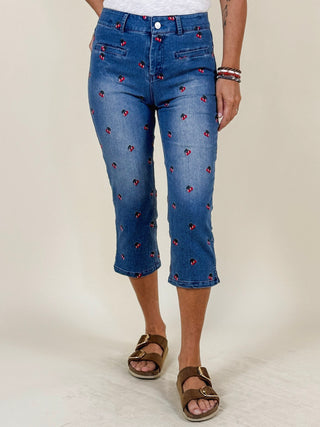 Cherie Cherry Embroidery Denim Capris