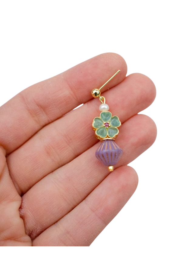 Beaded Green & Purple Dangle Earrings