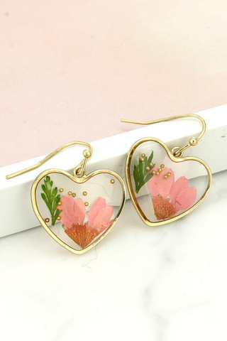 Cottage Floral Dried Flower Heart Earrings