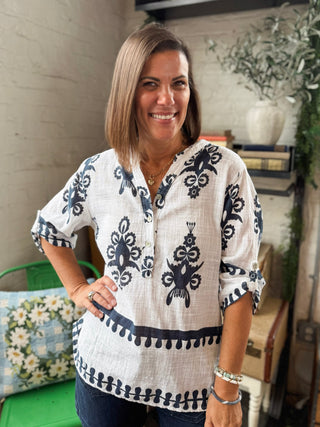 Brigitte Boho Print Henley Top