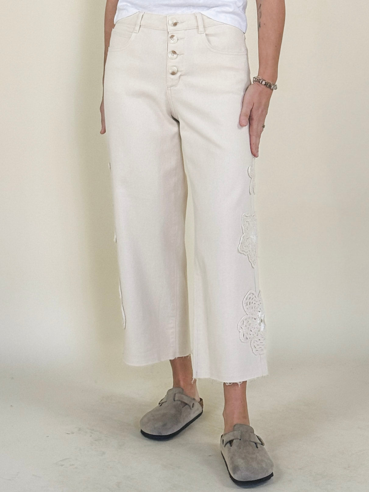 [TRIBAL] Audrey Wide Crop Crochet Detail Jeans