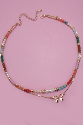 Beaded Double Layer Bow Charm Necklace - Gold