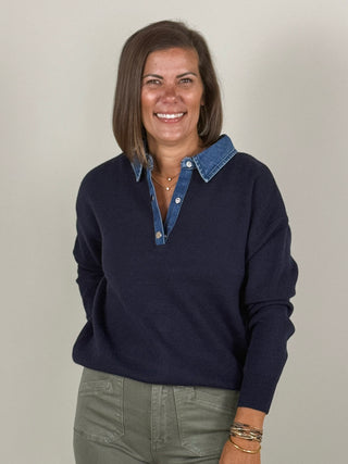 Pat Denim Collar Polo Sweater