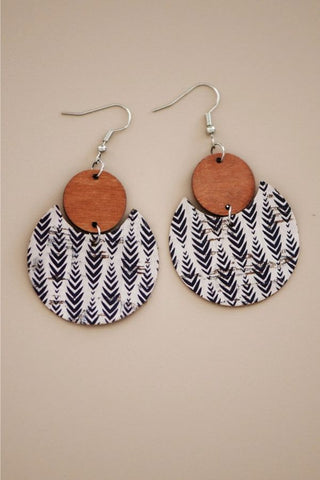 Boho Printed Cork Wooden Dangle Earrings - Black